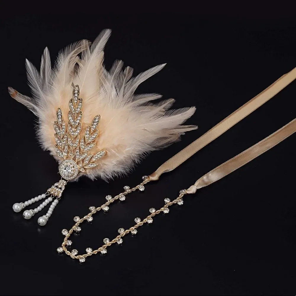 ✨ NWT Art Deco 1920’s Gatsby Flapper Feather Crystal Rhinestone & Pearl Headband